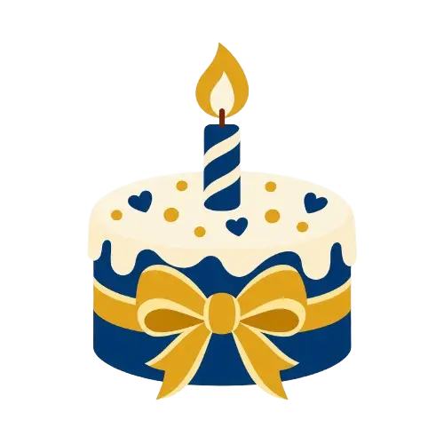 Blue birthday cake with cream icing, gold bow, hearts, and a lit candle