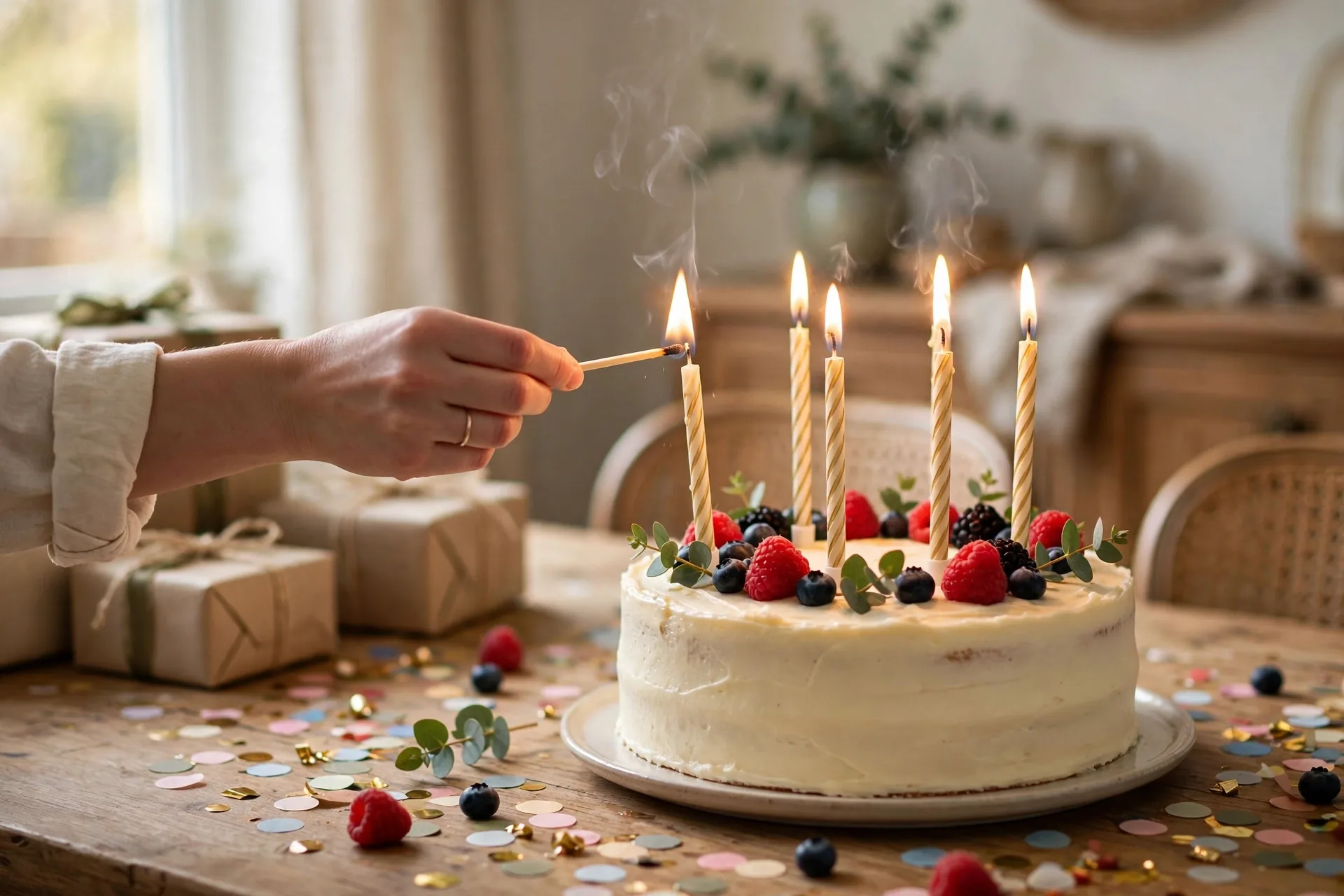Birthday cake with burning candles on a table full of confetti