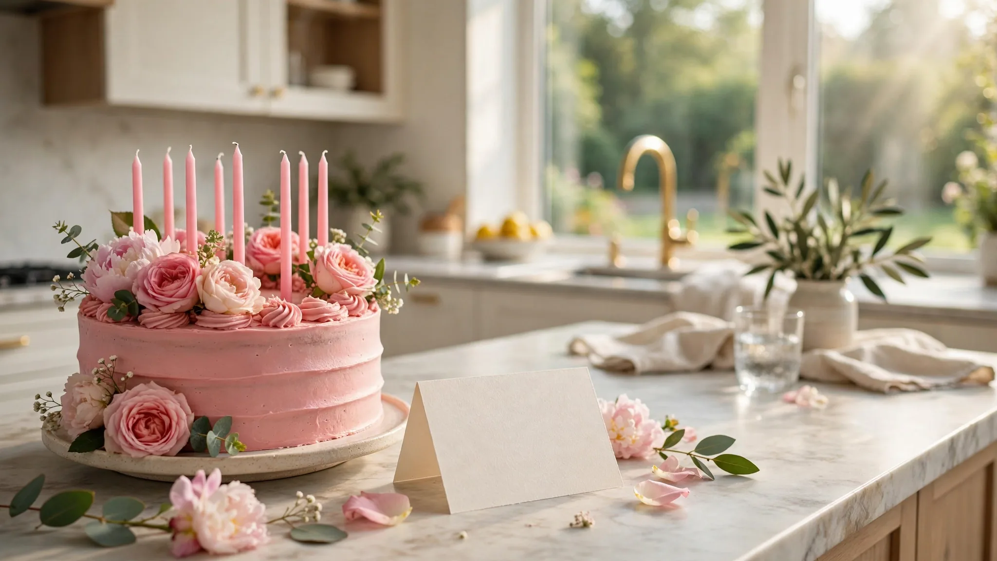 Birthday cake with pink candles and flowers for mom