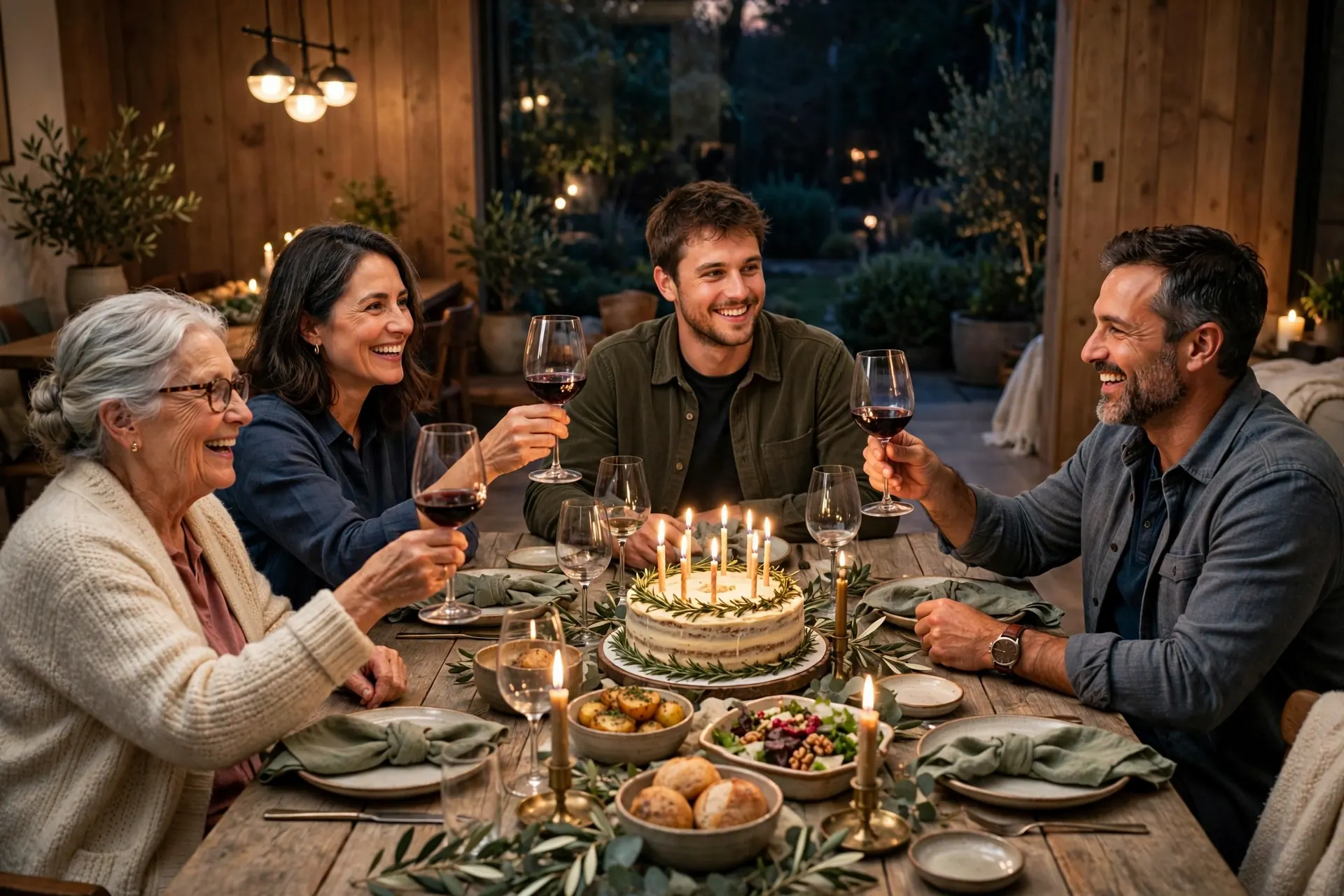 Brothers celebrating birthday dinner with family