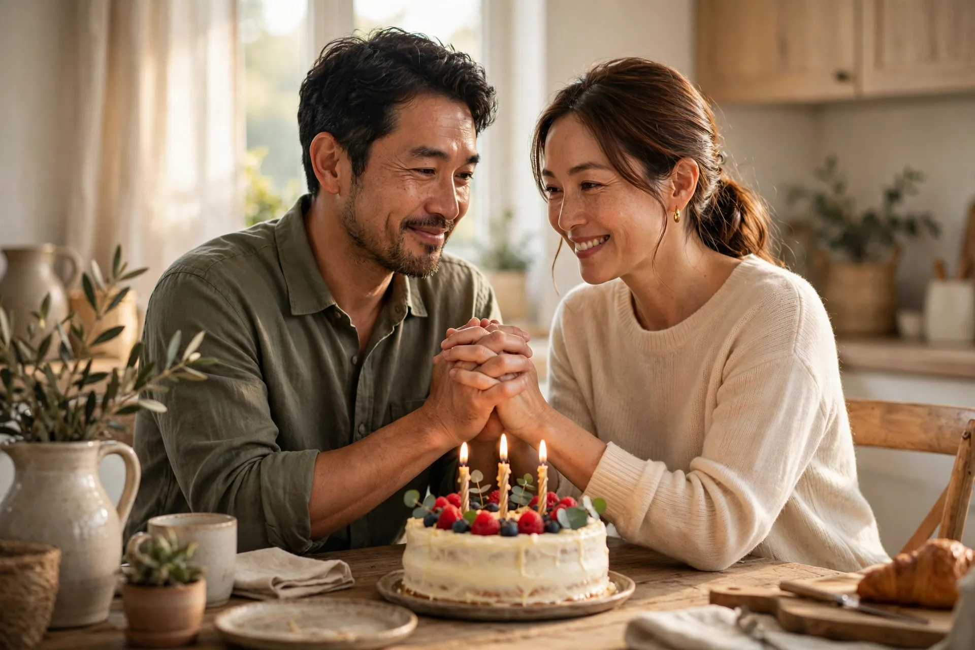 Couple holding hands in prayer on birthday morning