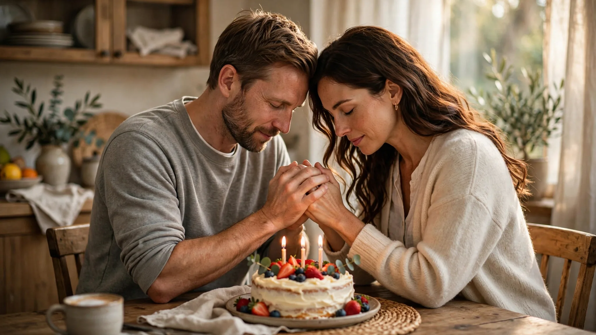 Couple praying together on birthday morning