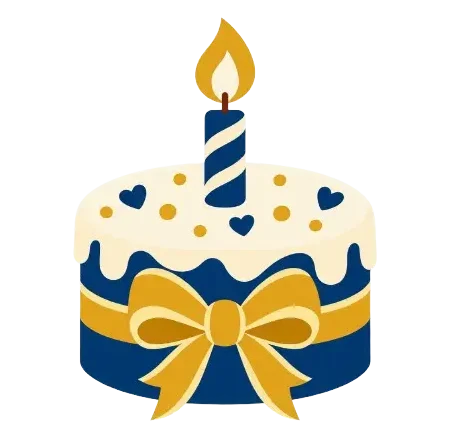 Blue birthday cake with cream icing, gold bow, hearts, and a lit candle