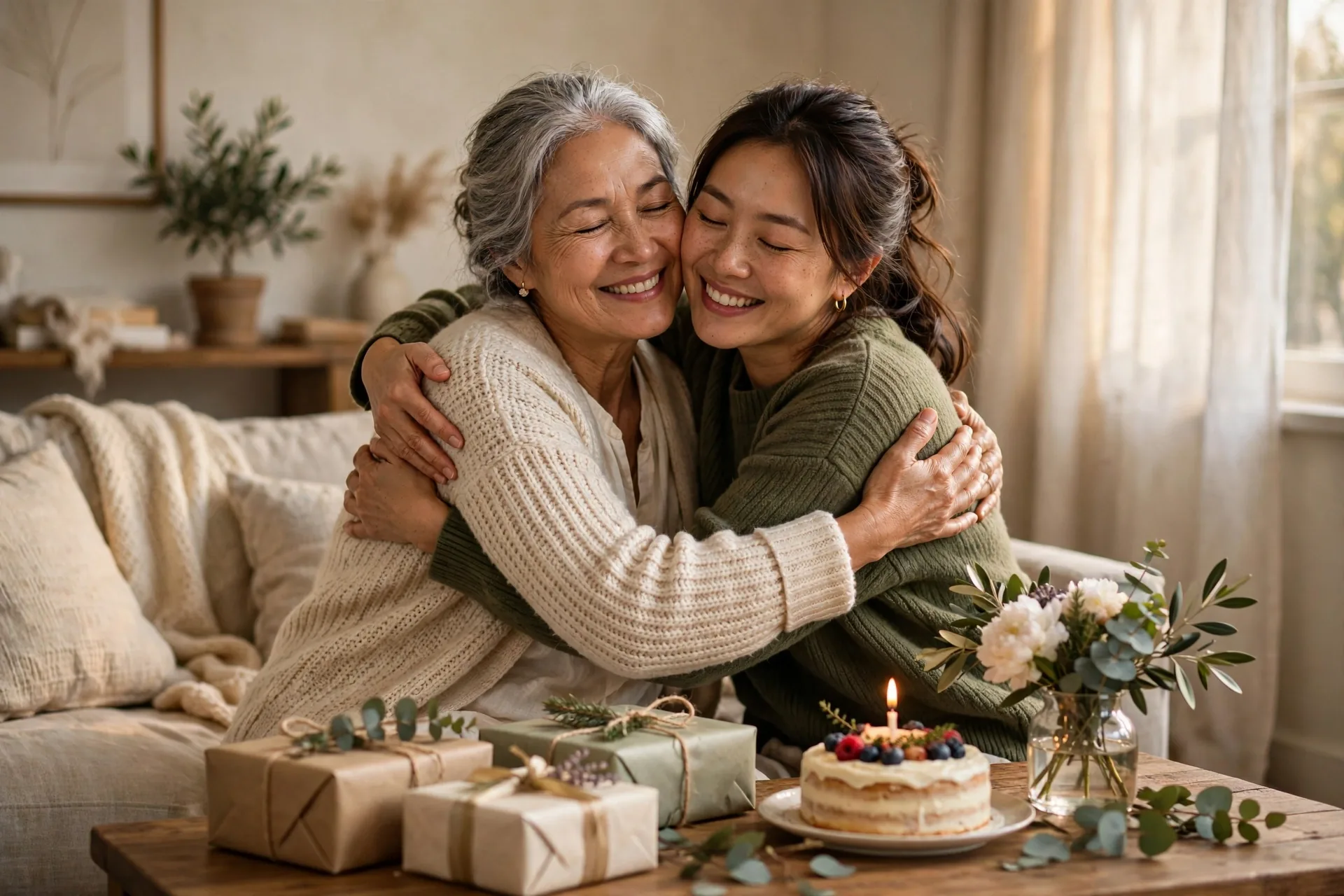 Daughter hugging mom while sharing happy birthday wishes for mom at home