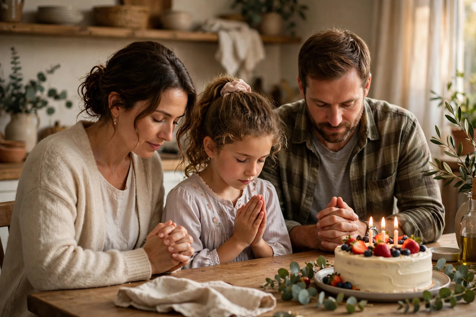 Family praying together on daughter's birthday