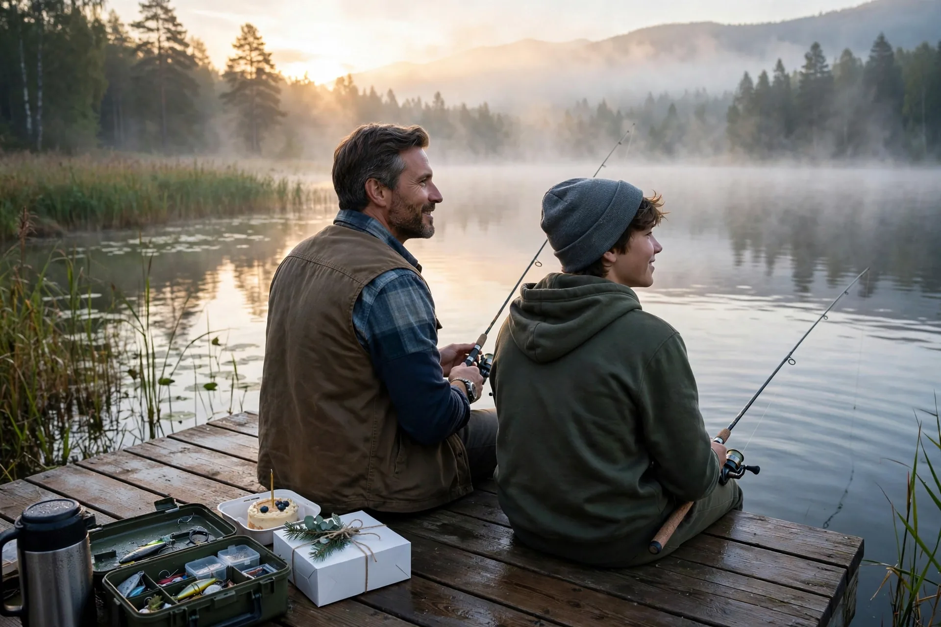 Father and son fishing together on birthday morning