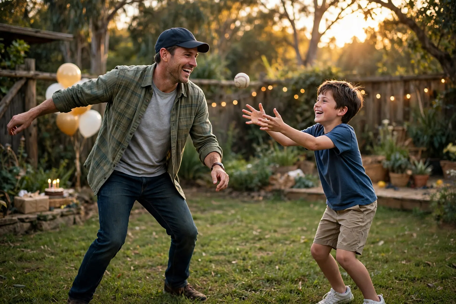 Father and son playing catch on birthday