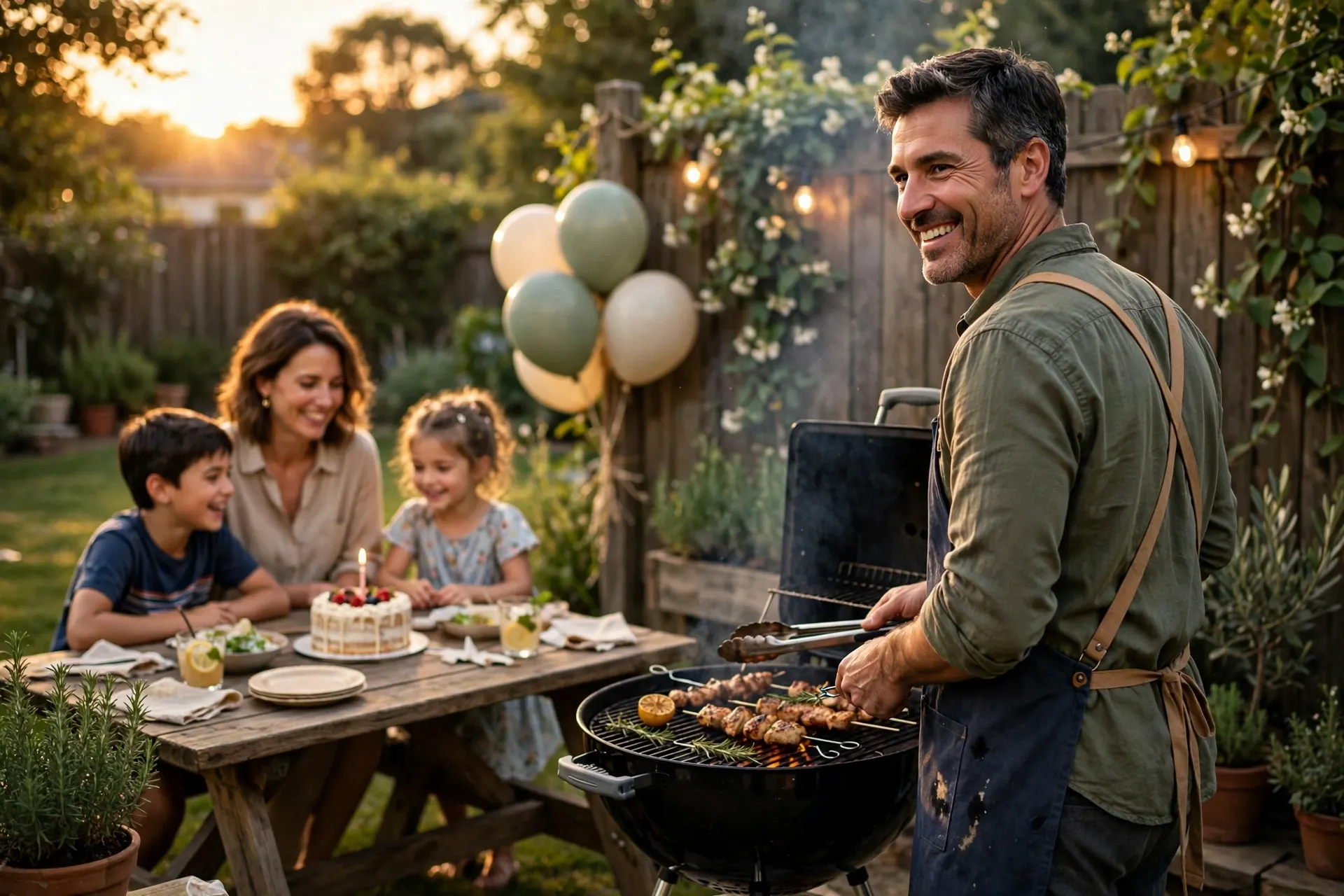 Father grilling at a backyard birthday barbecue at sunset