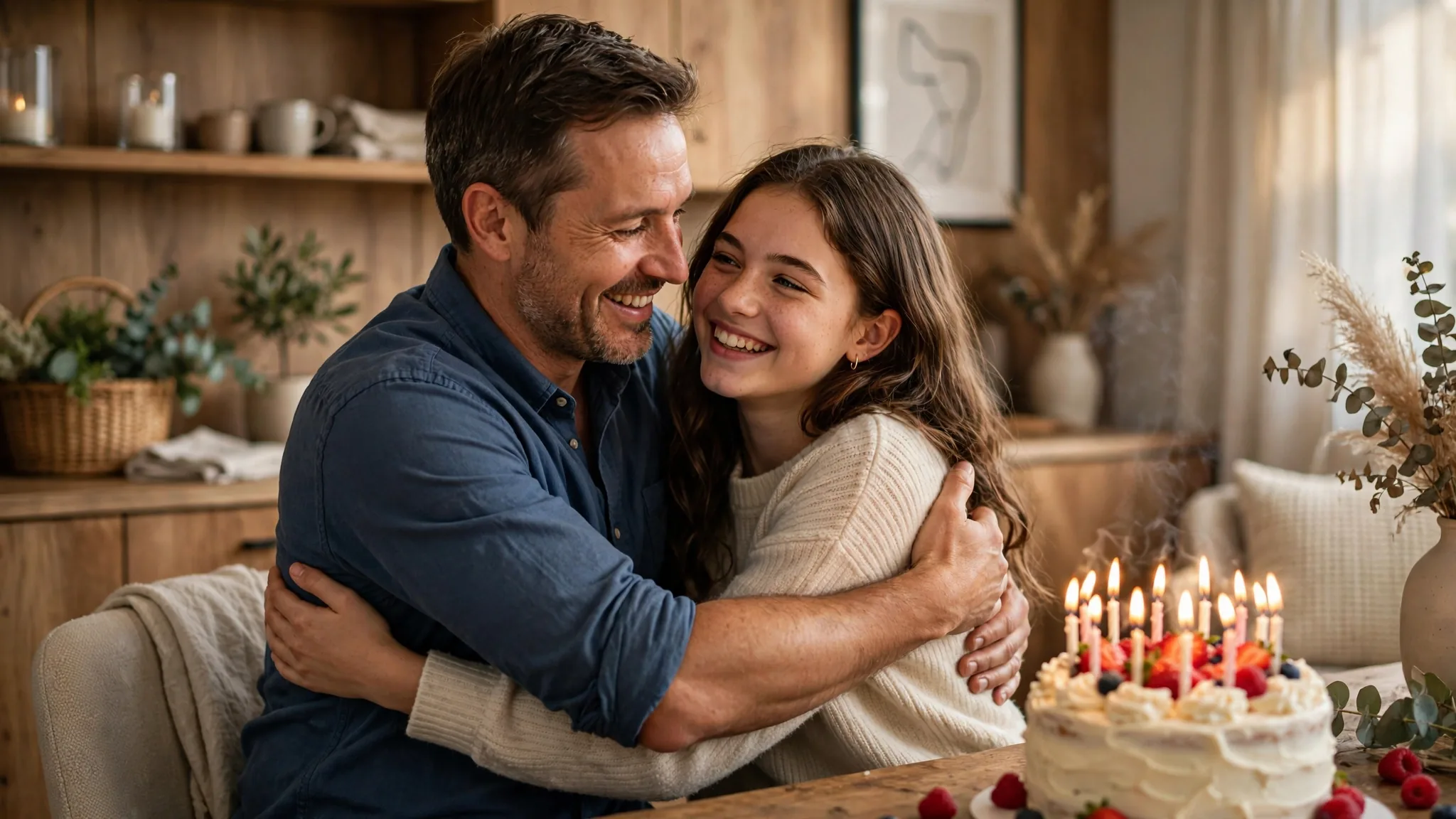 Father hugging daughter while sharing happy birthday wishes for daughter