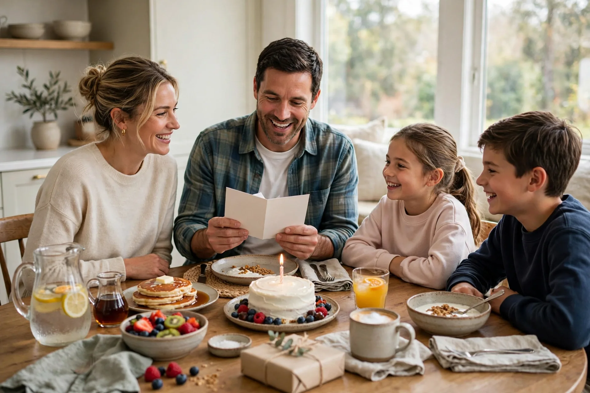 Father reading with family at birthday breakfast table