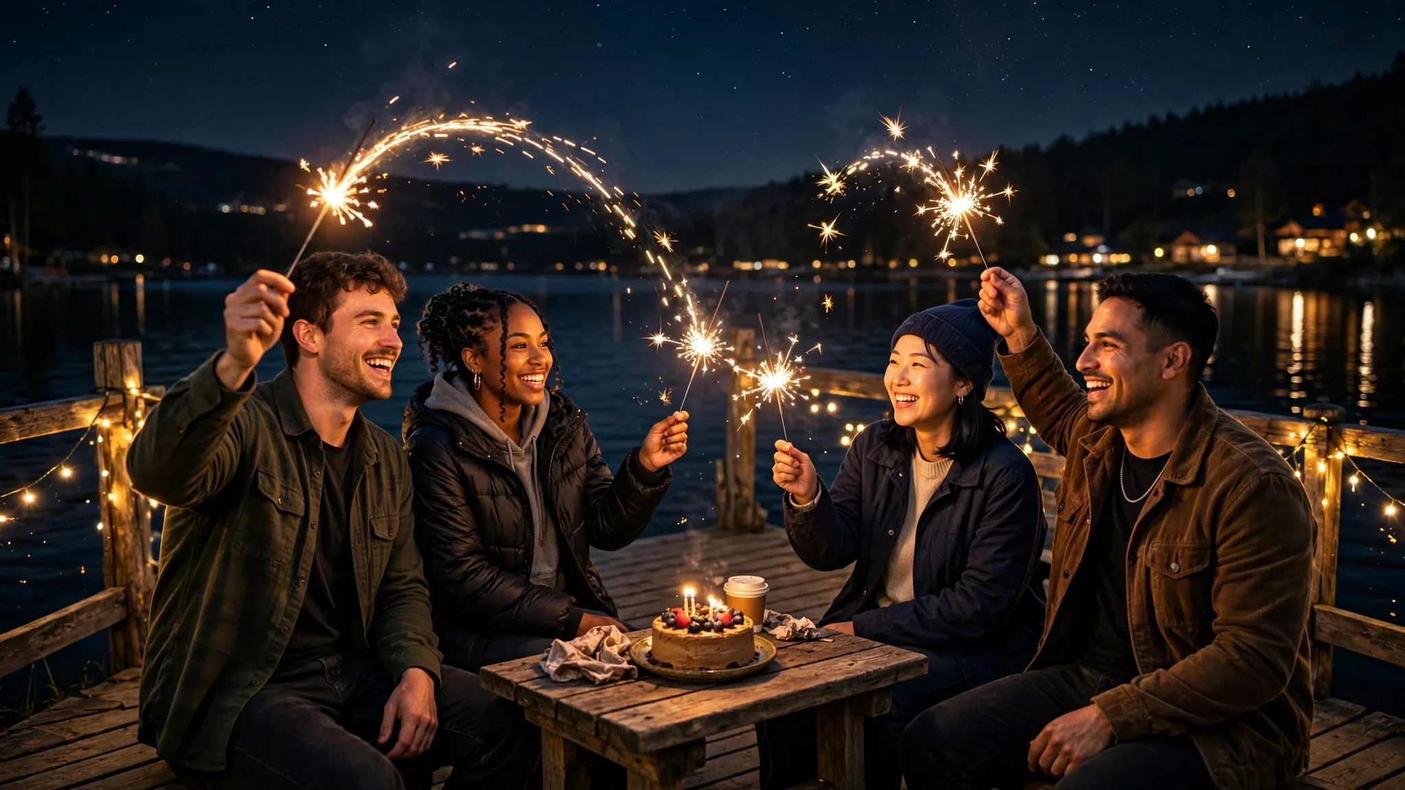 Friends celebrating birthday with sparklers at night