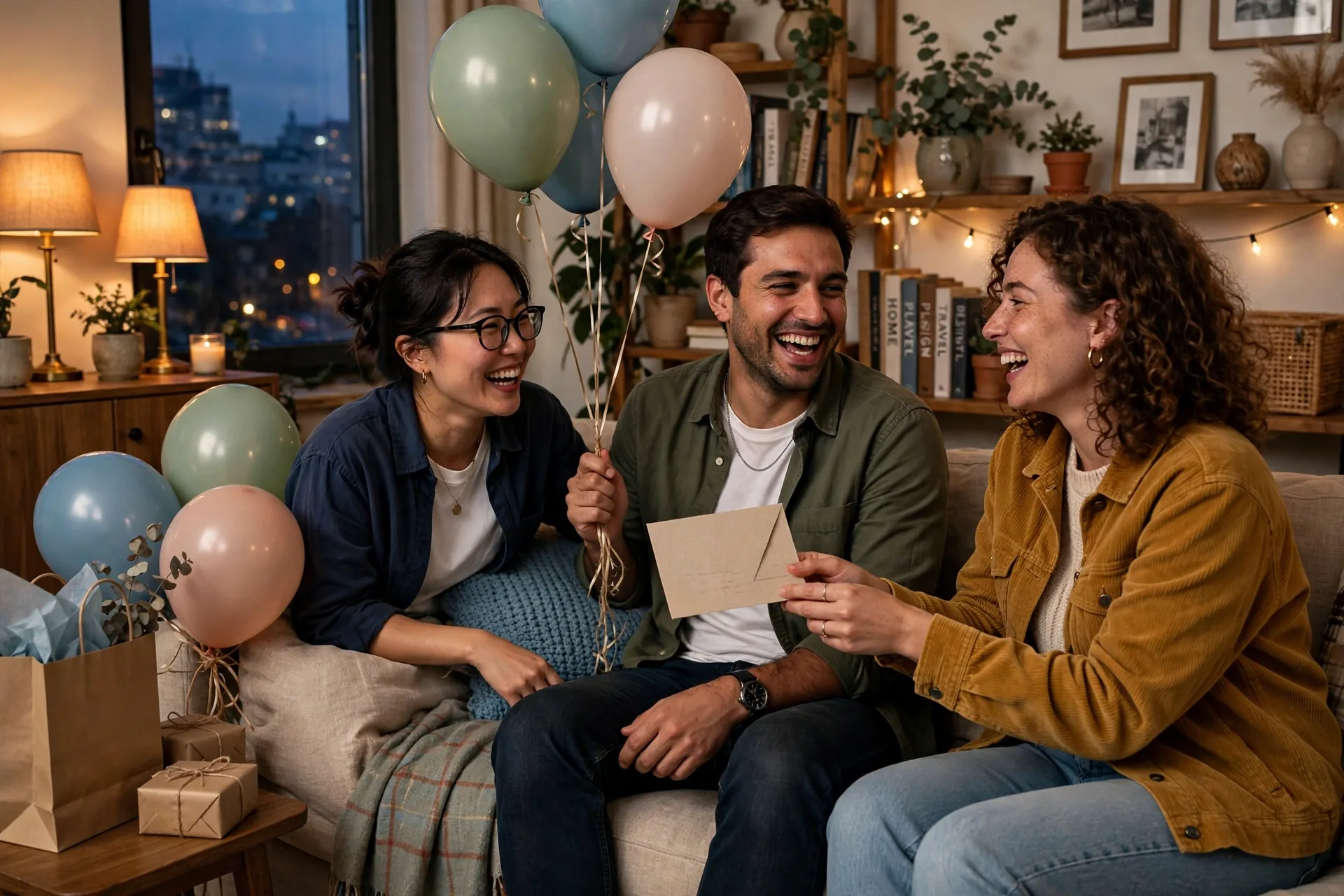 Friends sharing happy birthday wishes at a birthday party with balloons