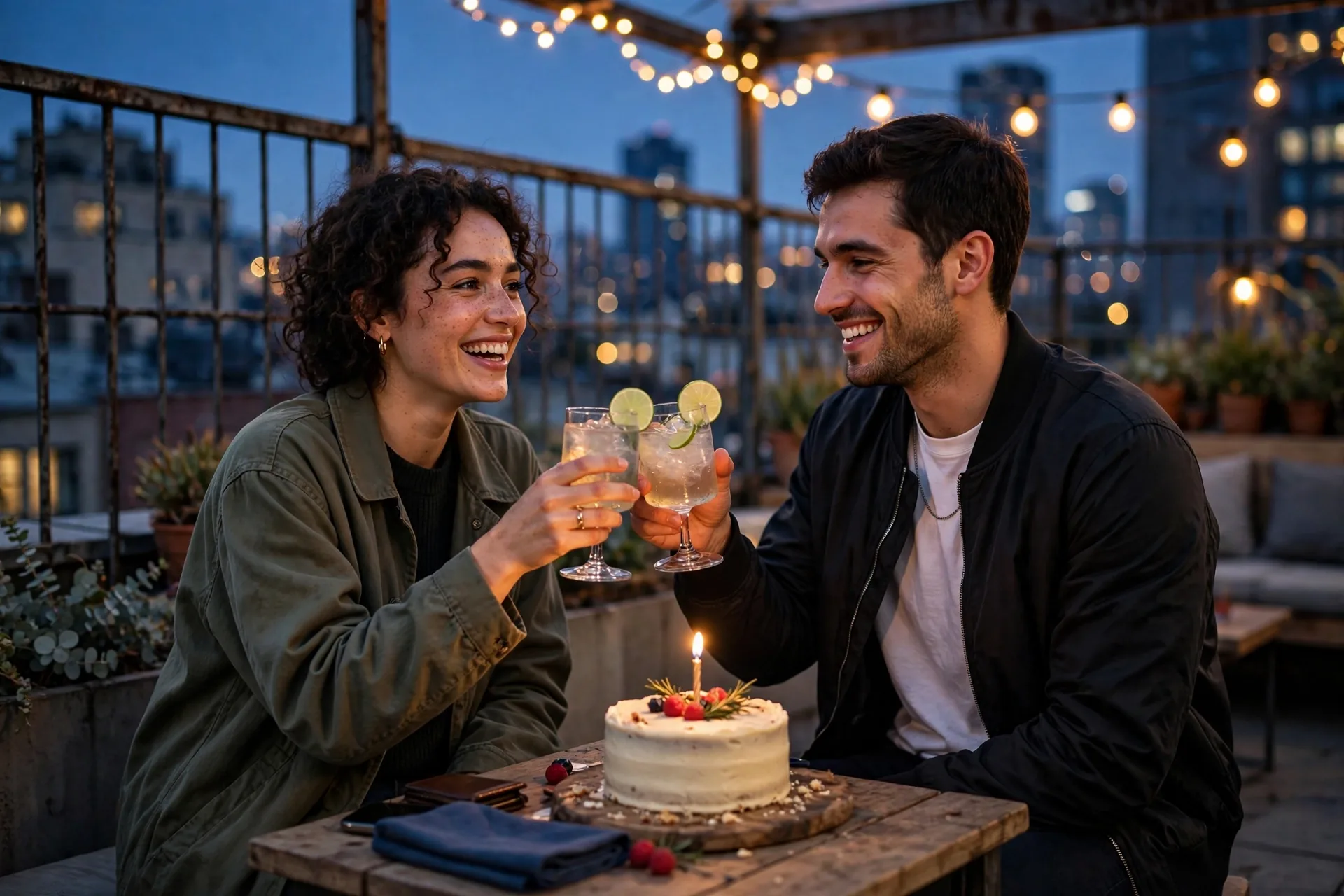 Friends toasting with birthday cake and drinks
