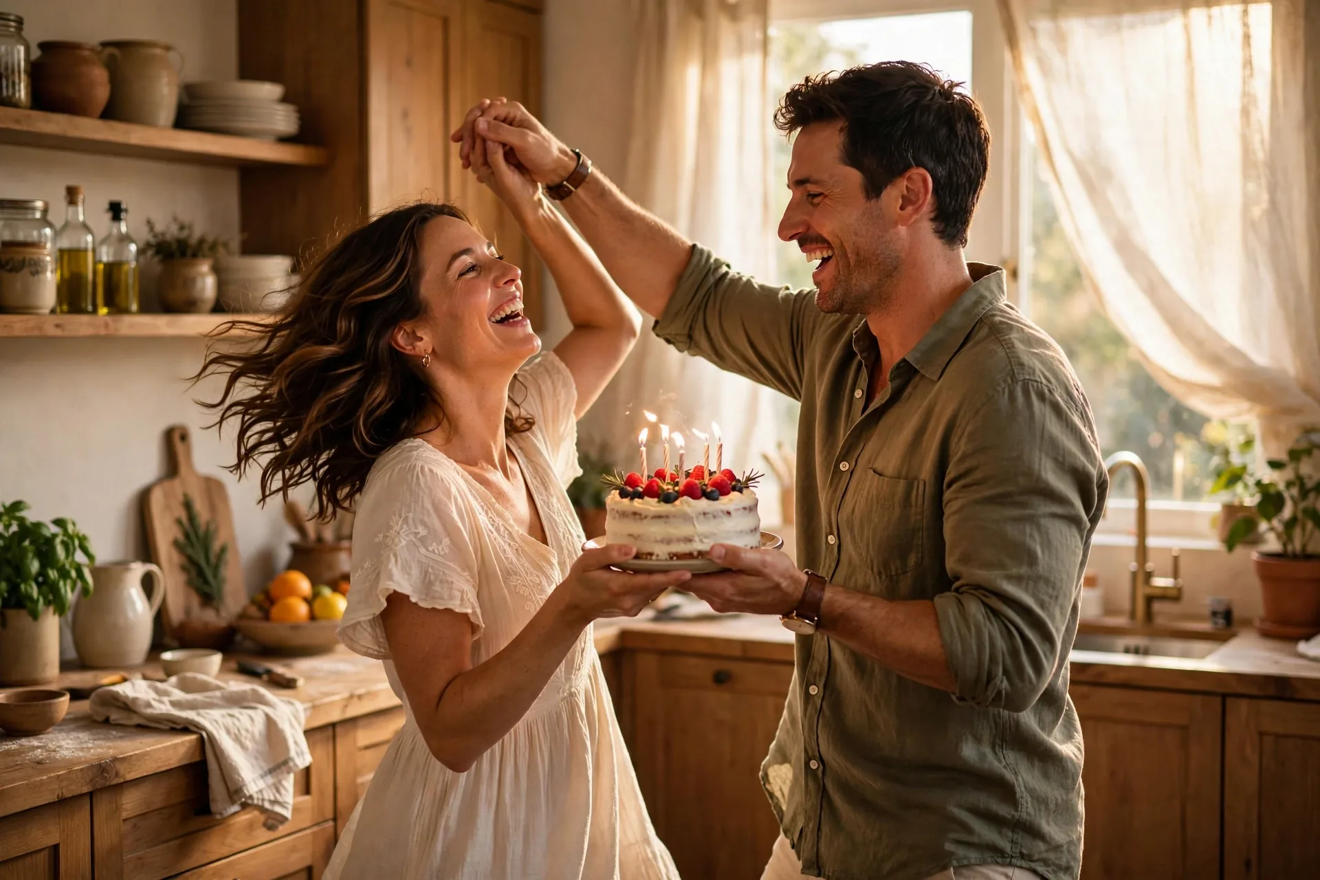 Husband and wife dancing in kitchen on birthday