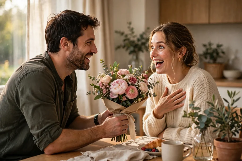 Husband surprising wife with birthday flowers