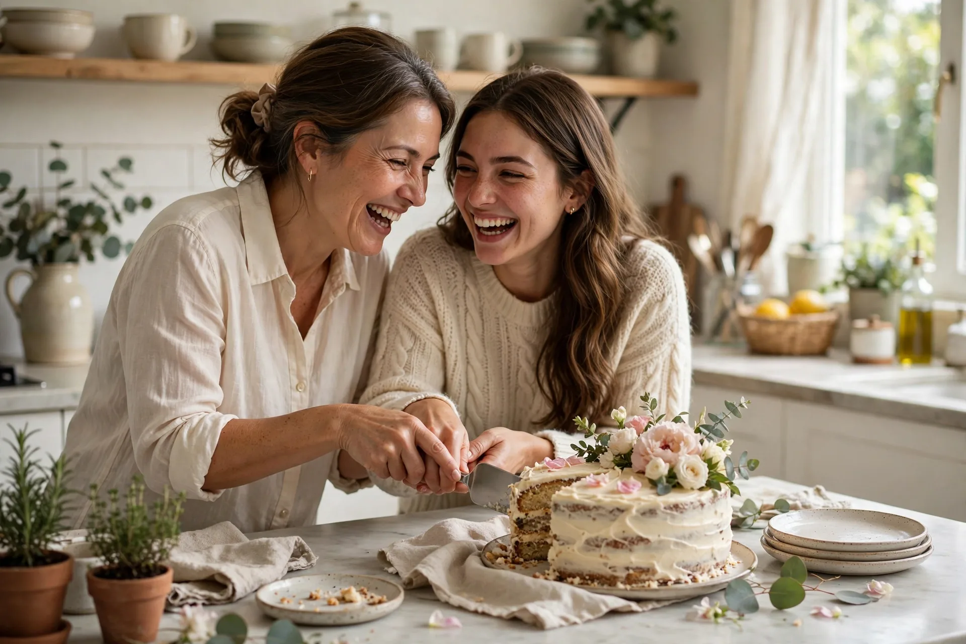 Mother and child laughing together while cutting a birthday cake
