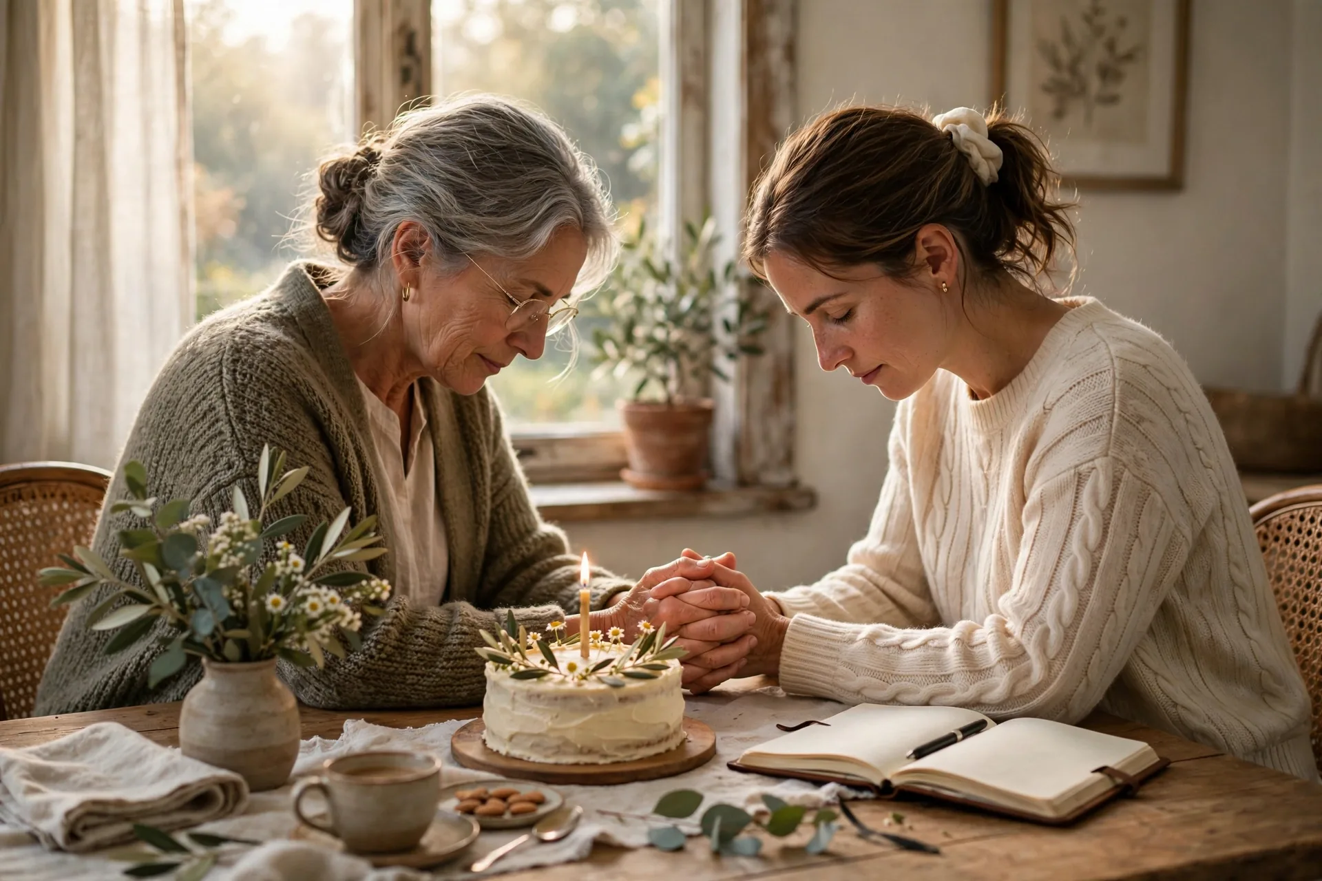 Mother and daughter holding hands in prayer on birthday morning
