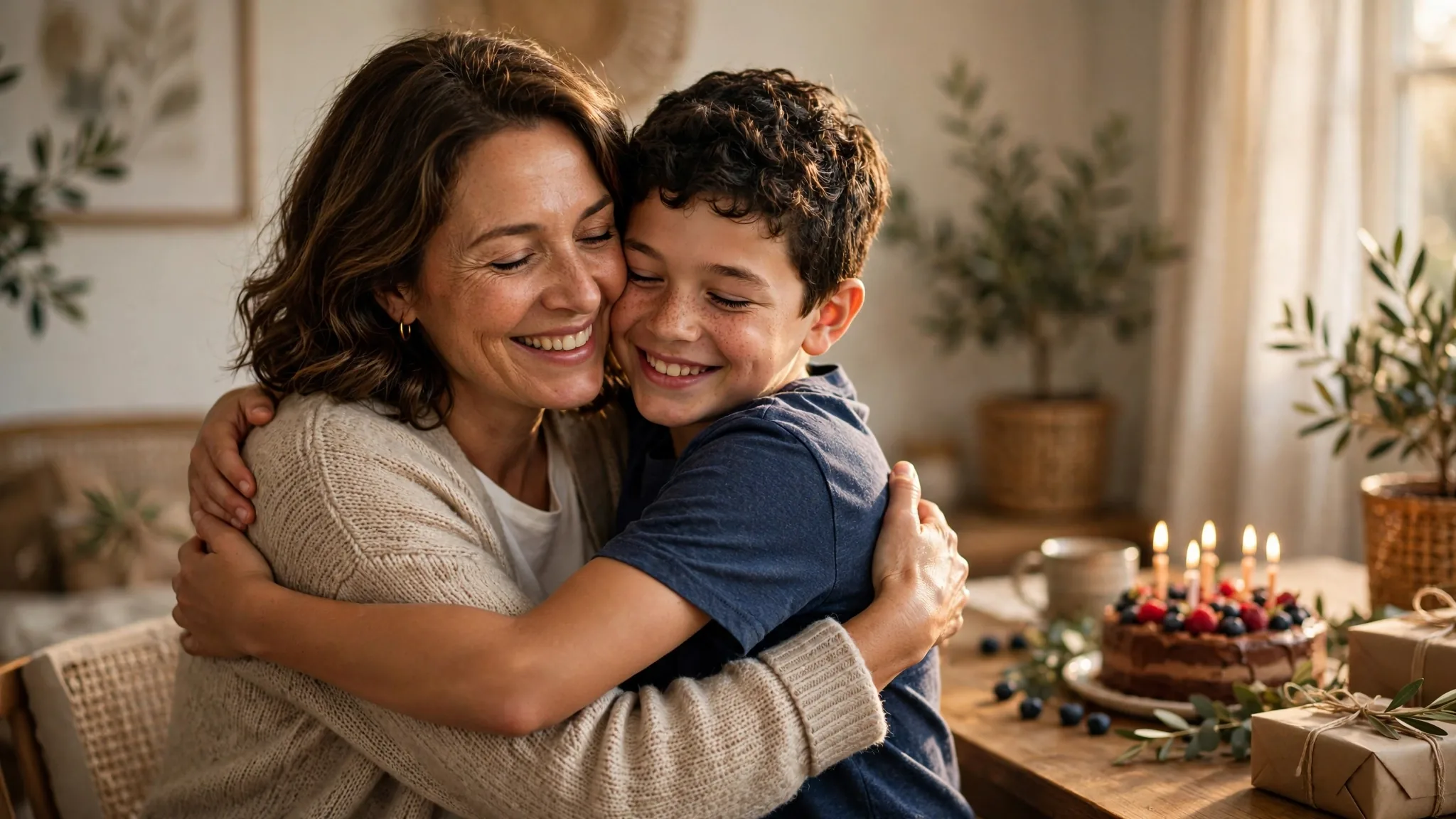 Mother hugging son while sharing happy birthday wishes for son