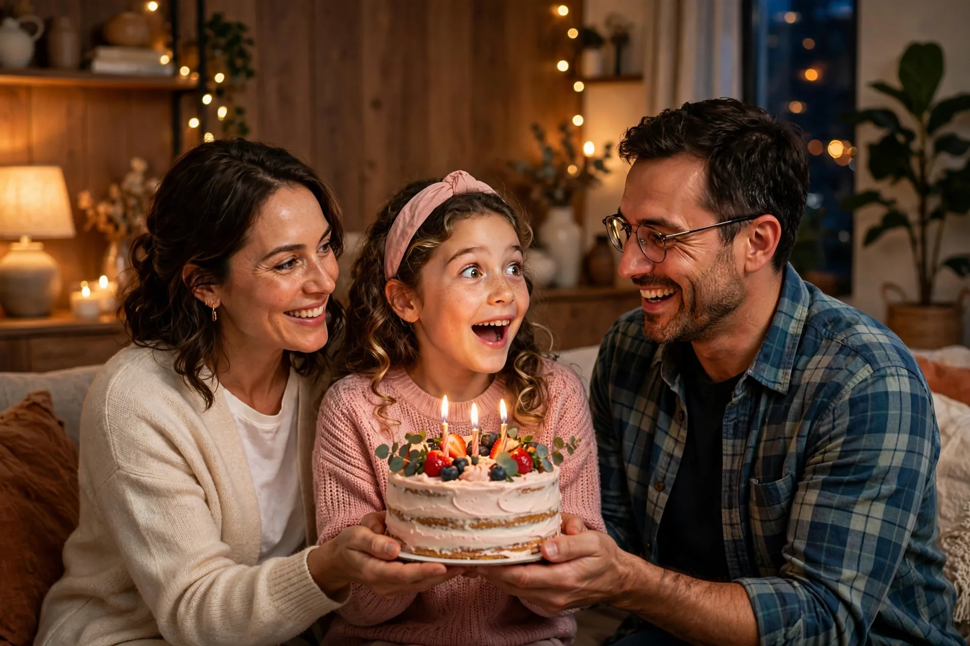 Parents surprising young daughter with birthday cake