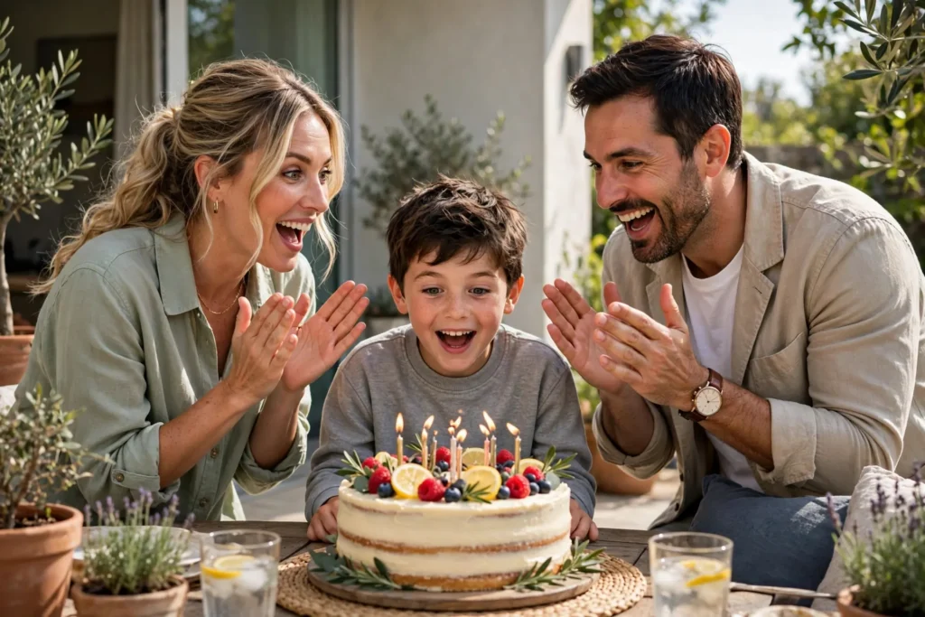 Parents surprising young son with birthday cake