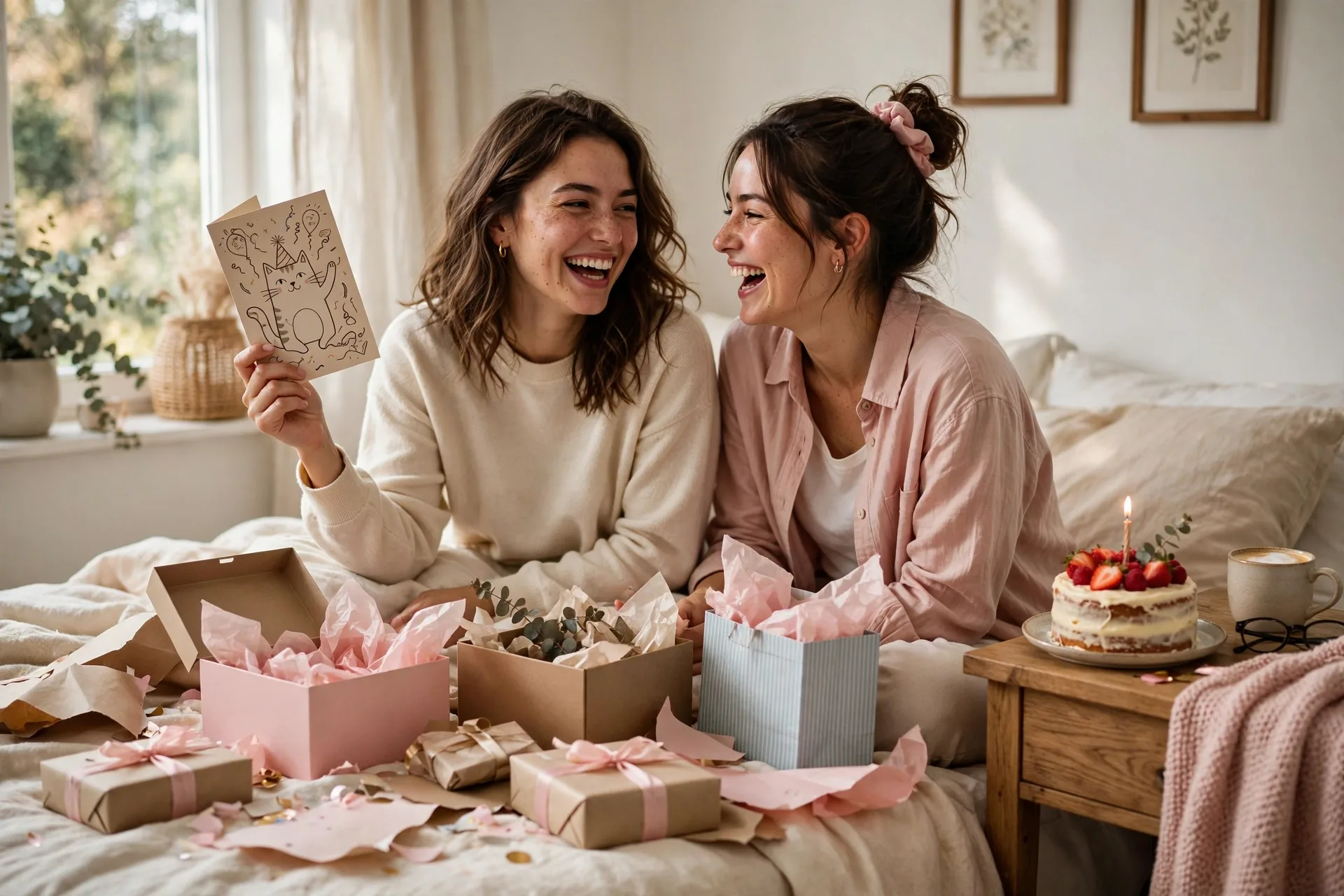 Sisters laughing together while sharing happy birthday wishes for sister