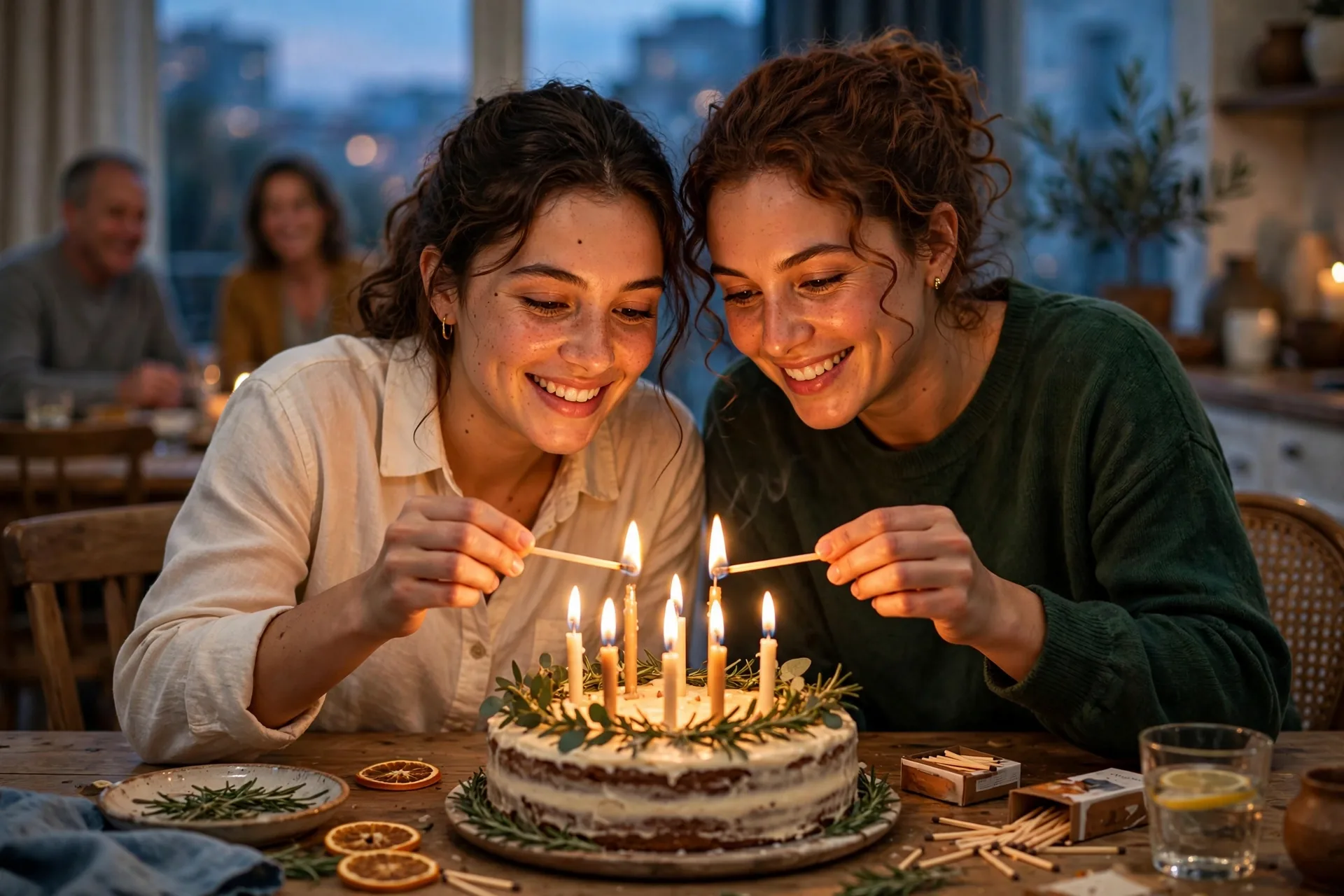 Sisters lighting birthday candles together at home