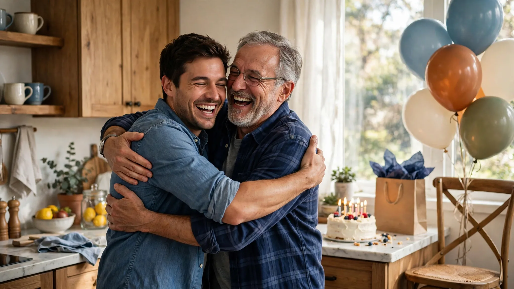 Son hugging dad while sharing happy birthday wishes for dad