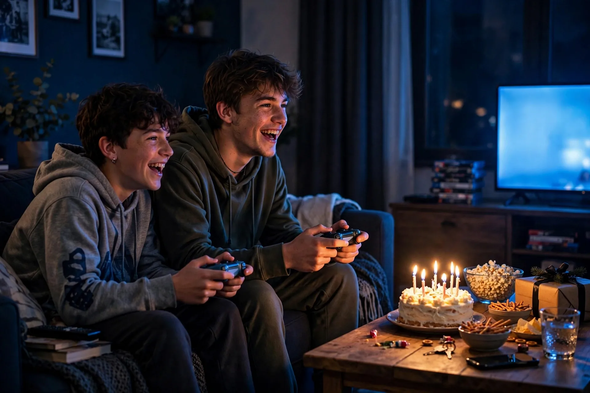 Two brothers playing video games on birthday