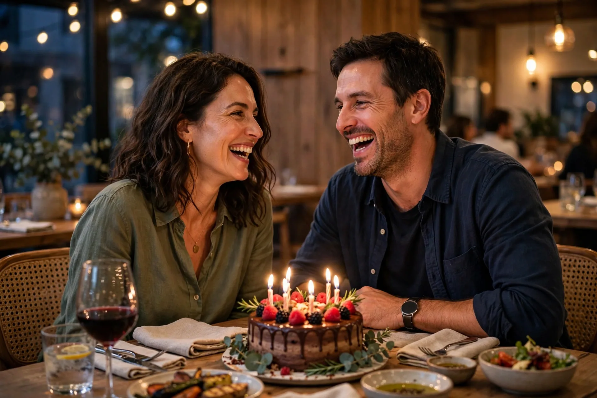 Wife and husband laughing together at birthday dinner