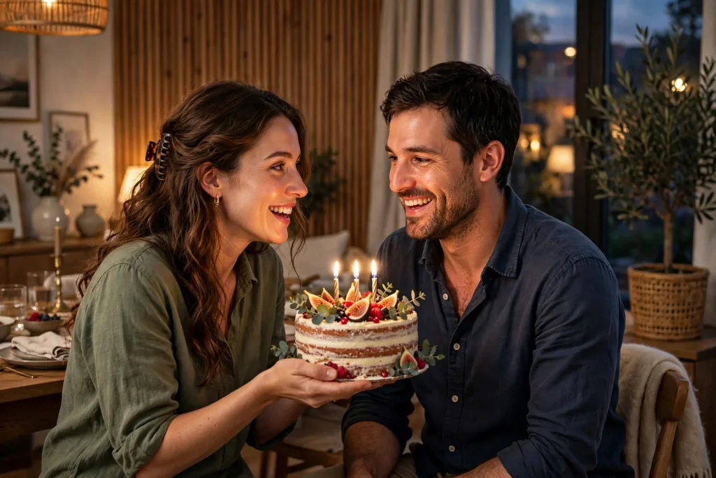 Wife surprising husband with birthday cake